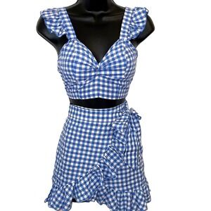 NWT XS / S Dorothy Blue Gingham Ruffled Crop Top Mini Skirt 2 Piece Set Costume